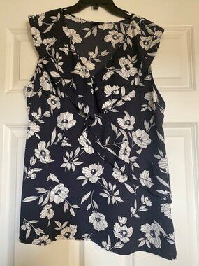 Ann Taylor Womens Floral Sleeveless Ruffle Neck Top Side Zipper Size 16